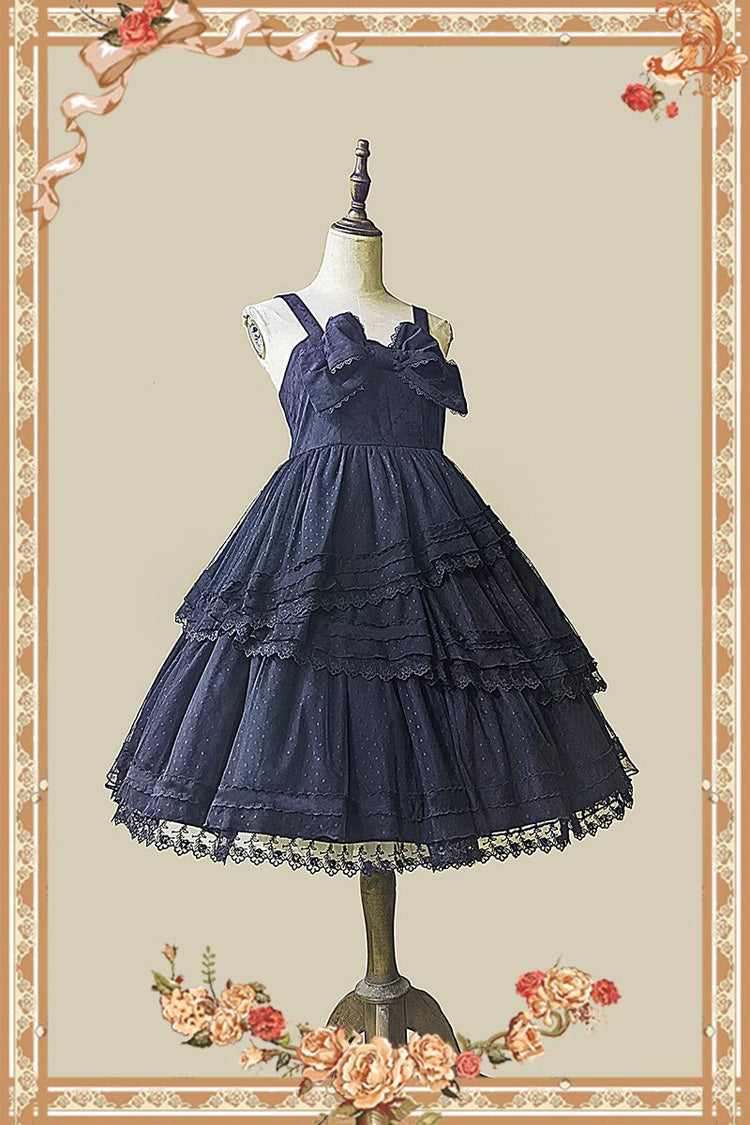 Black Solid Color Tower of Dawn Bowknot Sleeveless Ruffle Gothic Lolita Dress