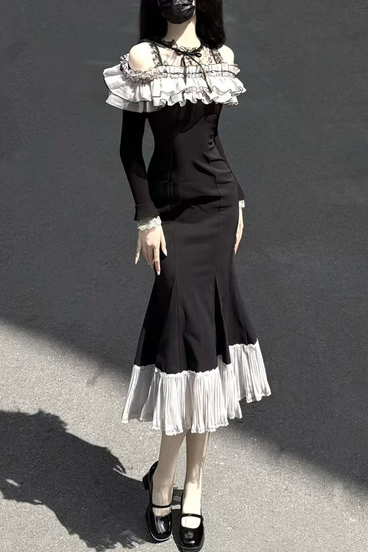Black [Night Cherry Blossoms] Long Sleeves Ruffle Bowknot Daily Sweet Elegant Lolita Fishtail Dress