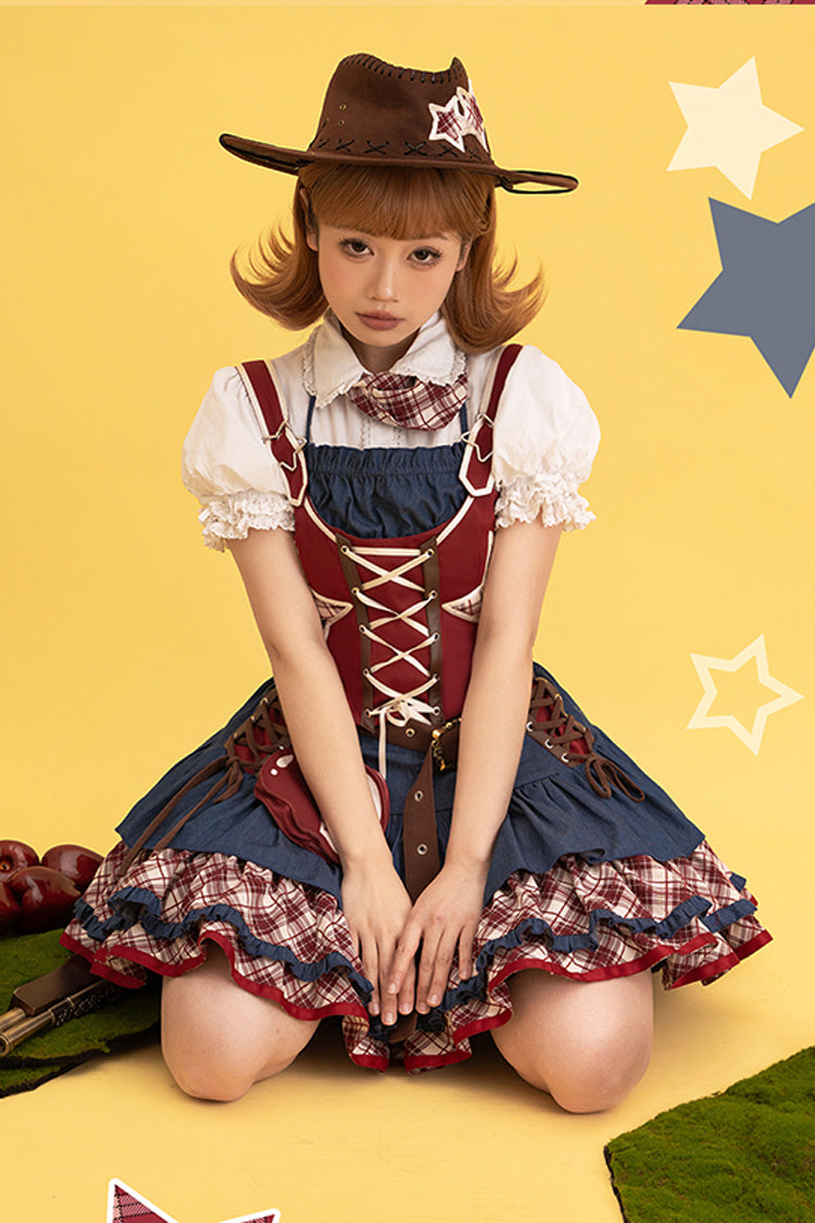Red/Blue [Apple Trap] Triple-Layered Print Ruffle Lace-Up Sweet Lolita Jsk Dress Two-piece Set