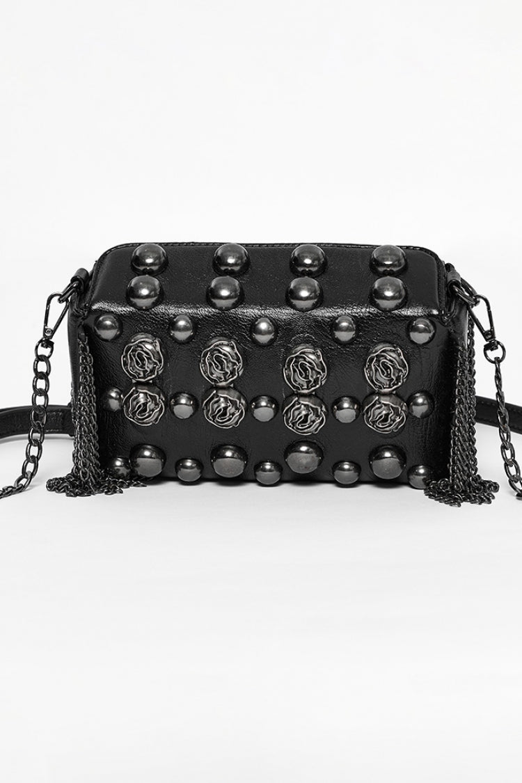 Black Beaded Rose Rivet Women's Gothic Faux Leather Clutches