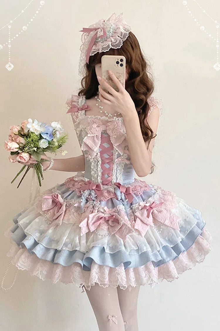 Blue/Pink [Honey Sweet Tart] Square Collar Sleeveless Multi-Layered Jacquard Ruffled Bow Lace Lace-Up Lolita Jsk Dress