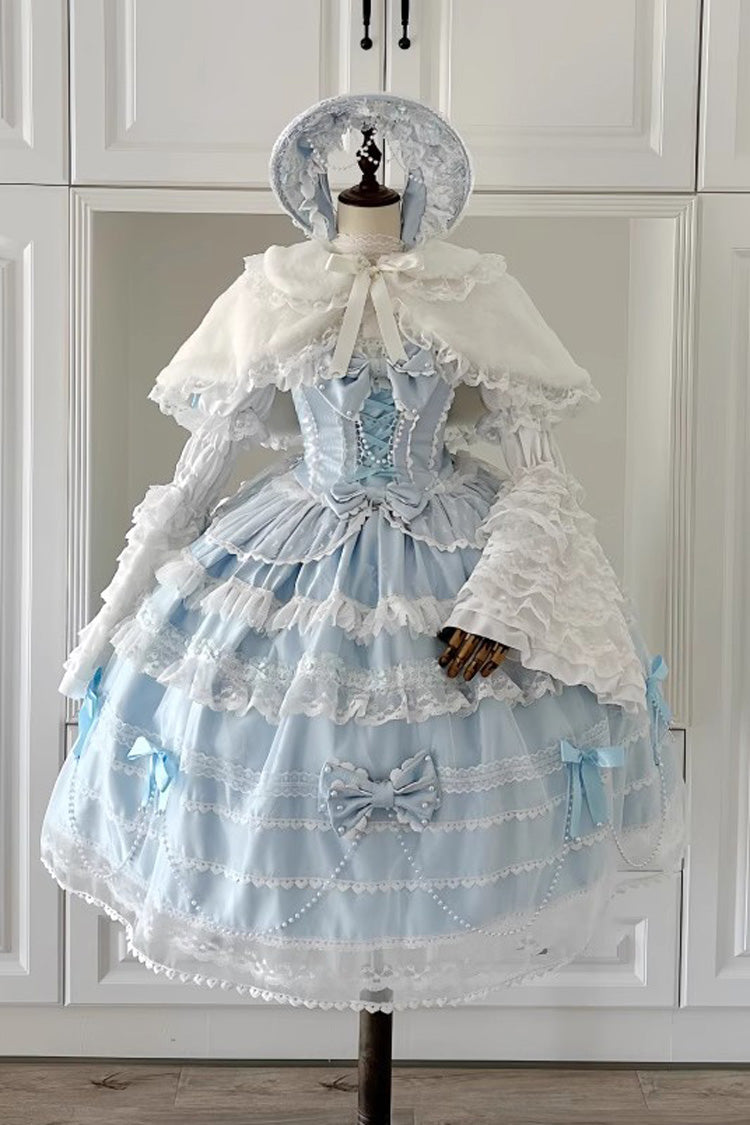 [Showa Girl] Ärmelloses dreilagiges Rüschen-Schleifen-Lace-Perlen-Süßes Japanisches Lolita Jsk Langkleid in 2 Farben 