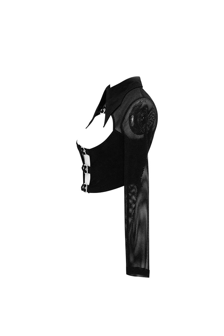 Black Bat Collar Splice Mesh Long Sleeve Chest Hasp Short Women's Punk T-Shirt