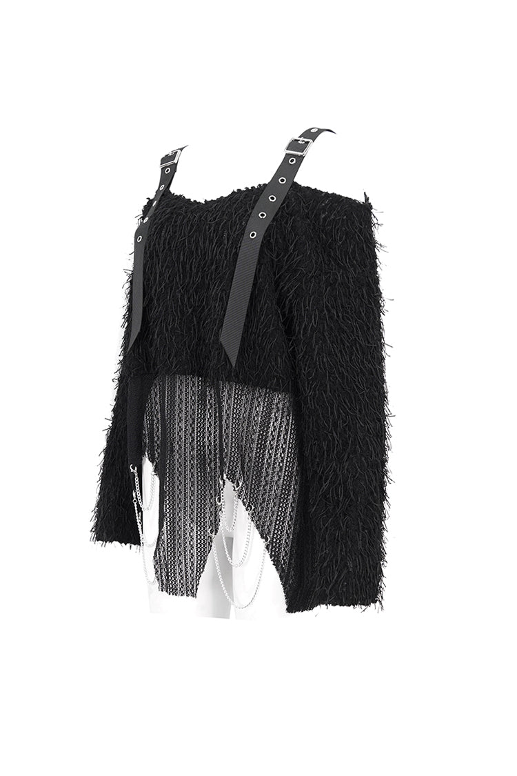 Black Irregular Off Shoulder Fluffy Women's Punk Sweater