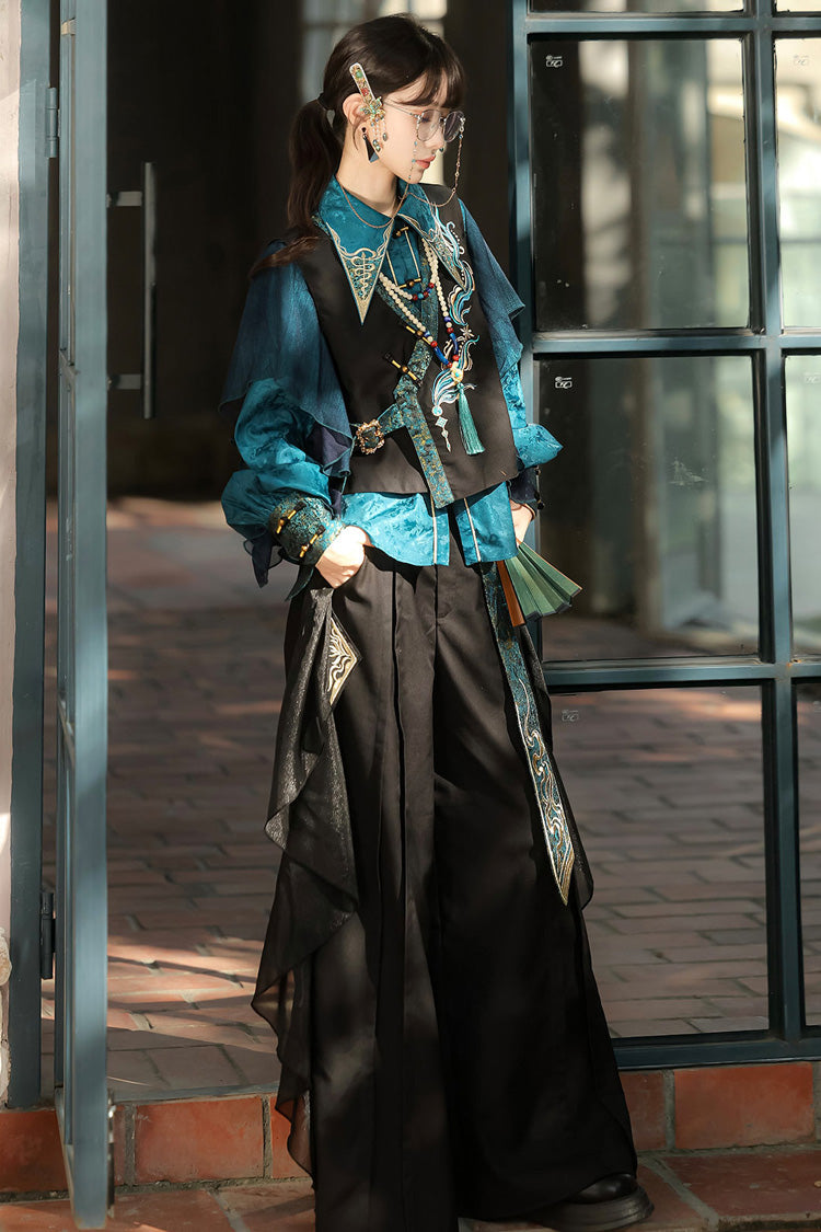 Schwarz/Grün Rundhals Langarm Rüschen Stickerei Chinesischer Stil Vintage Hübsches Ouji Lolita Set 