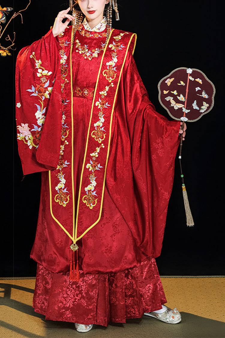 赤い中国風ホットスタンピング刺繍ハイウエスト漢服ドレスフルセット