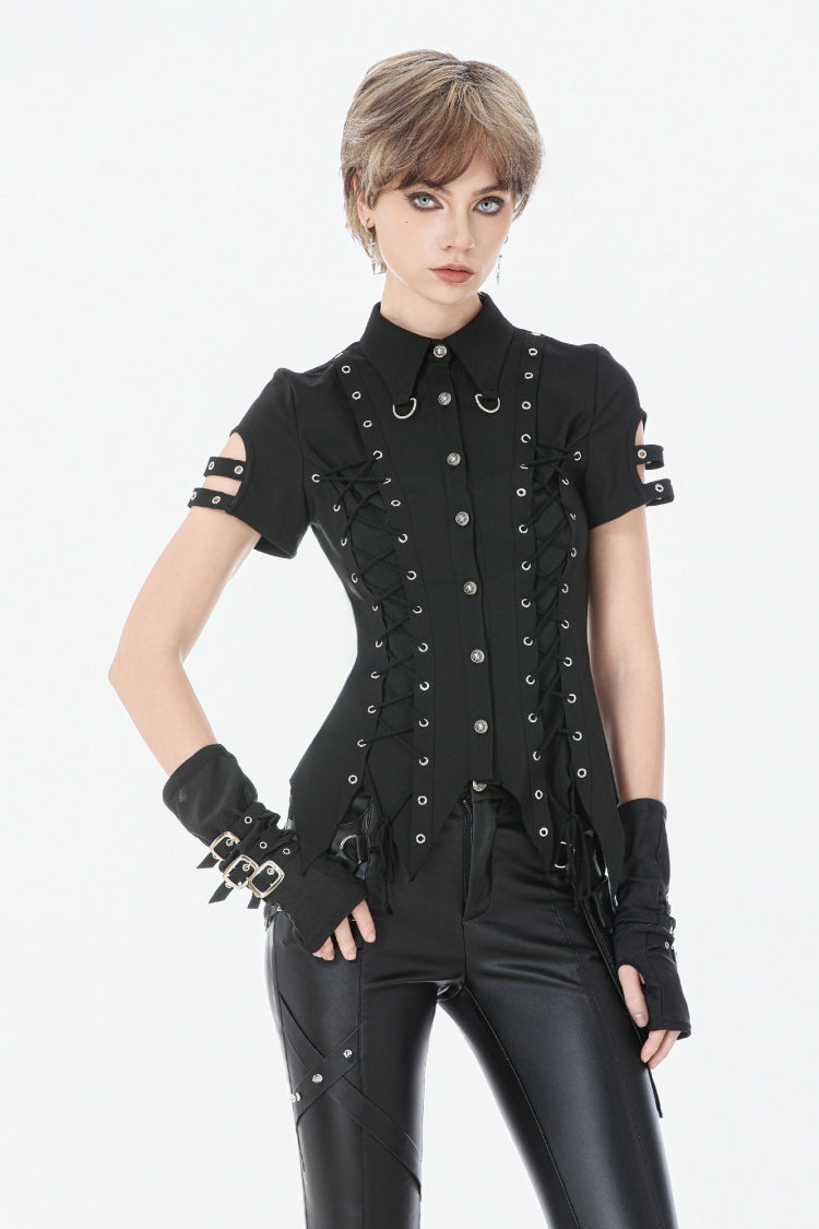 Schwarze Damen-Punk-Bluse mit Umlegekragen, kurzen Ärmeln und Schnürösen