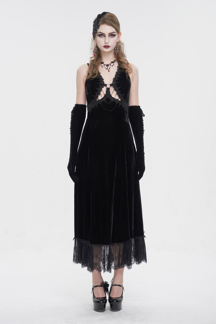 Black Lace Up Lace Hem Slip Long Women's Gothic Dres