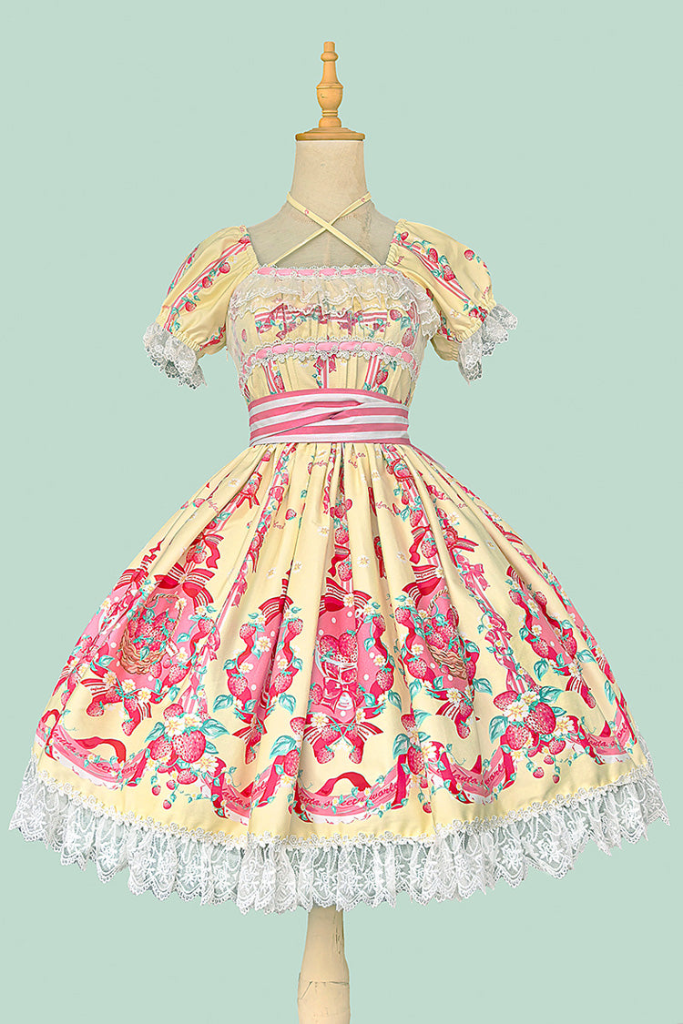 [Strawberry Chef] Short Sleeves Print Bowknot Lace Sweet Lolita Dress 4 Colors