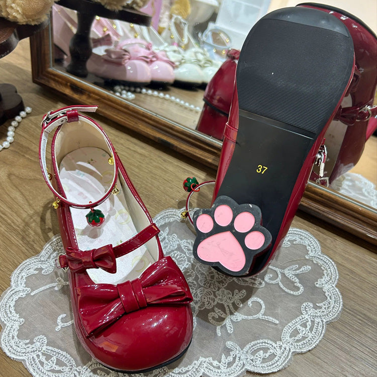 Runde Zehenschleife, mittlerer Absatz, Lolita-Mary-Jane-Schuhe mit Katzenpfoten-Absätzen und Knöchelglocken, 6 Farben