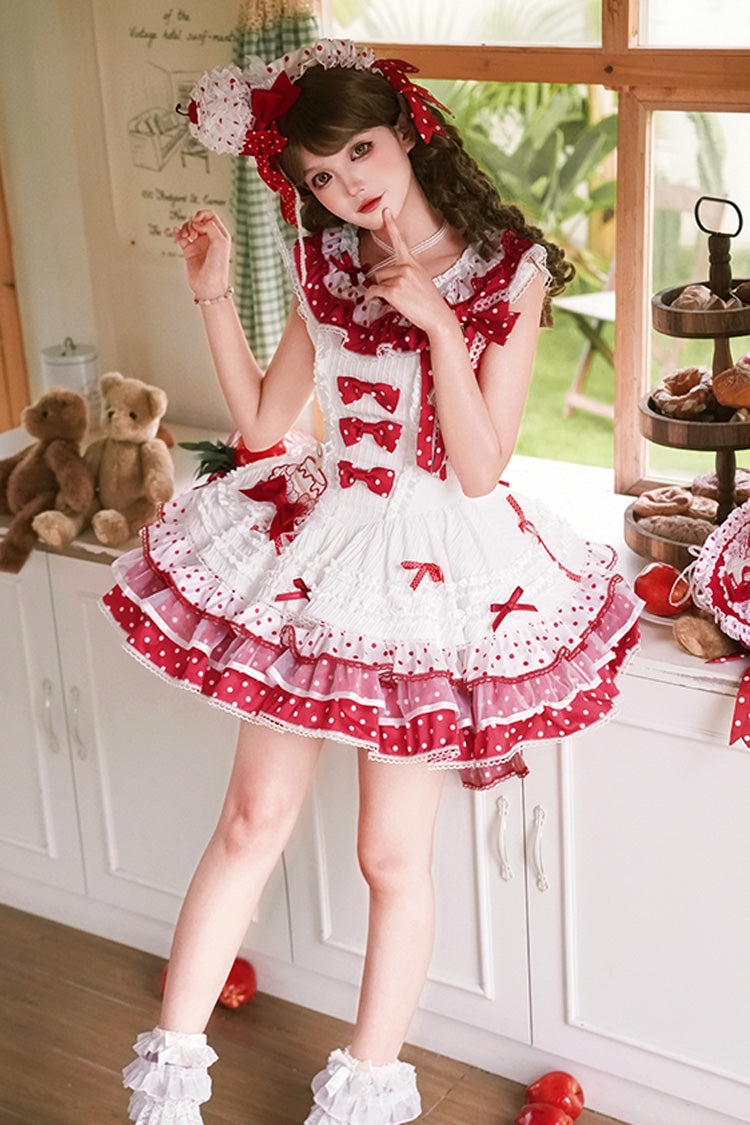 Red/White [Twin Bears] Sleeveless Triple-Layered Print Ruffle Bowknot Lace Sweet Lolita Jsk Dress