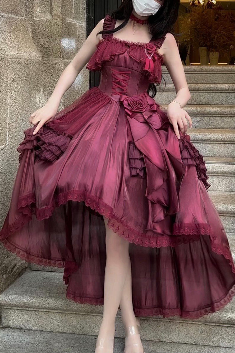 レッドスクエアカラーノースリーブフリルリボンレースアップクラシックエレガントプリンセスロリータJskドレス