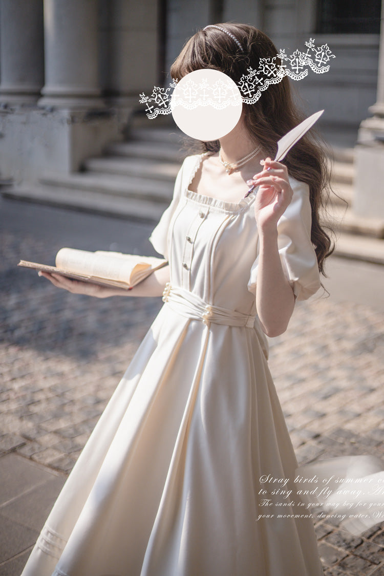 Apricot [Random Thoughts] Square Collar Short Sleeves Ruffle Classic Vintage Elegant Lolita Dress