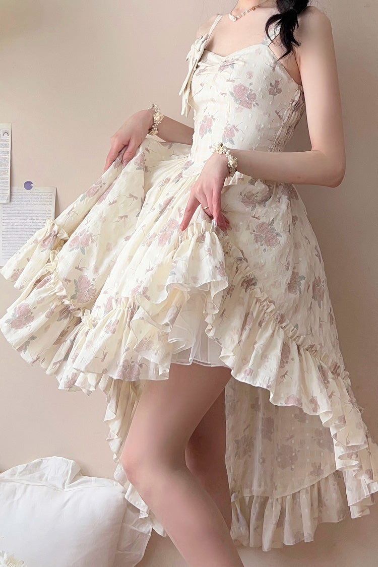 Rosa Lolita JSK Kleid Set mit schrägen Schultern, Rüschen, Schleife und Spitze