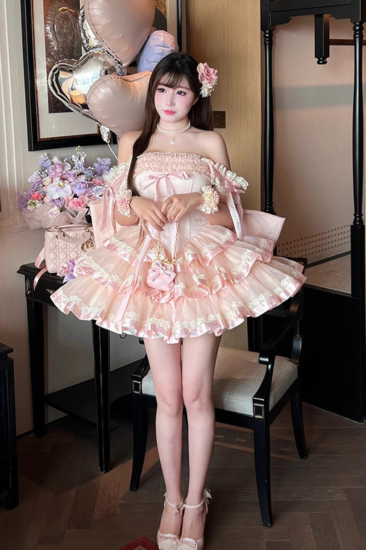 Pink [Princess Ribbon] Off Shoulder Triple-Layered Ruffle Bowknot Sweet Lolita Dress