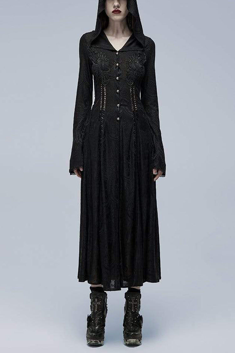 Black Long Trumpet Sleeves Hollow Lace Slim Hooded Womens Gothic Dress