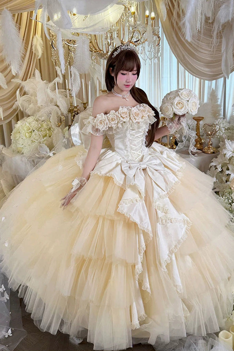 Robe longue Abricot [Heart's Beloved Rose] sans manches à volants Hanayome avec nœud en dentelle et lacets Sweet Lolita Jsk