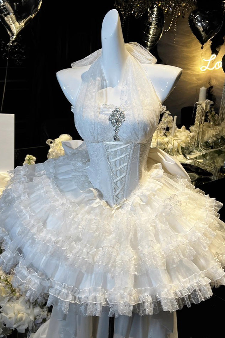 Robe Lolita Princesse Douce en Dentelle à Lacets Hanayome à Volants Triple Épaisseur sans Manches à Dos Nu Blanc [Rêve] 