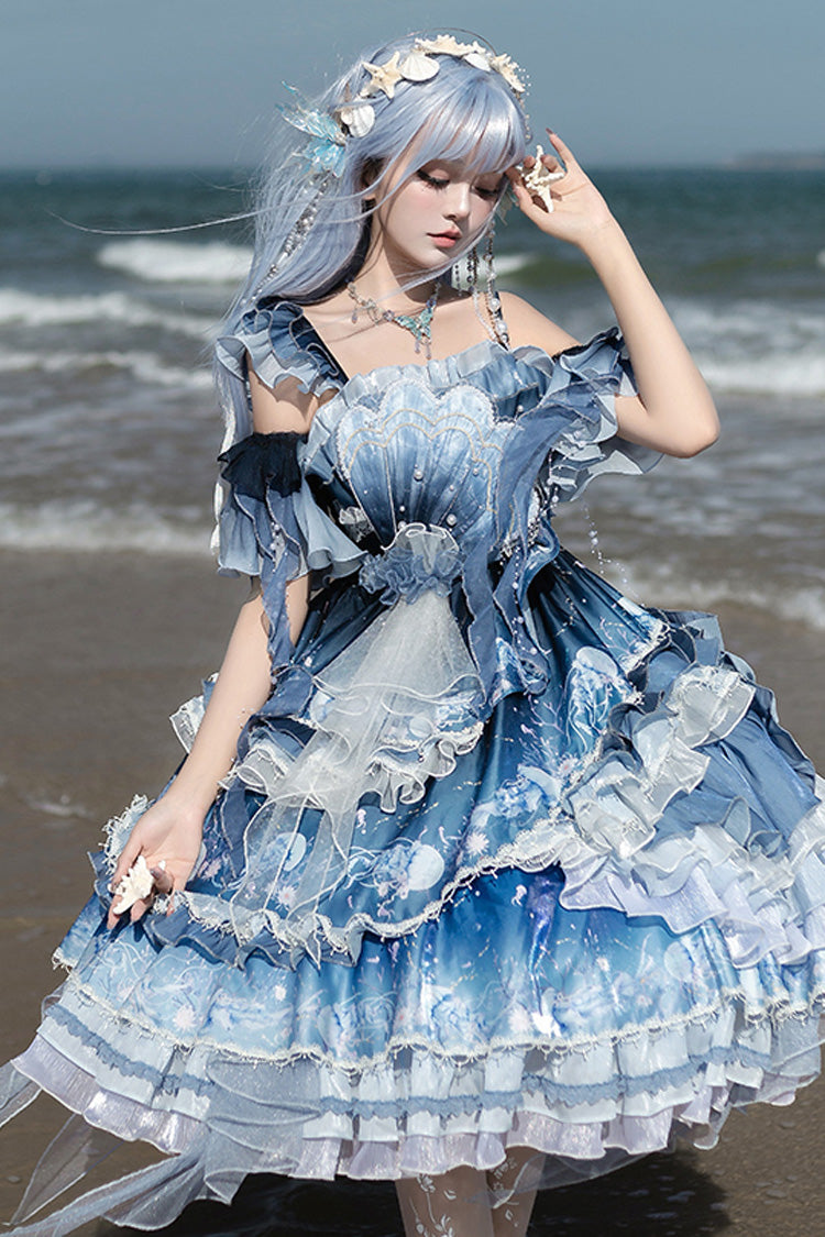 Blue [Jellyfish] Gradient Print Ruffle Embroidery Bowknot Lace Asymmetric Sweet Elegant Lolita Jsk Dress
