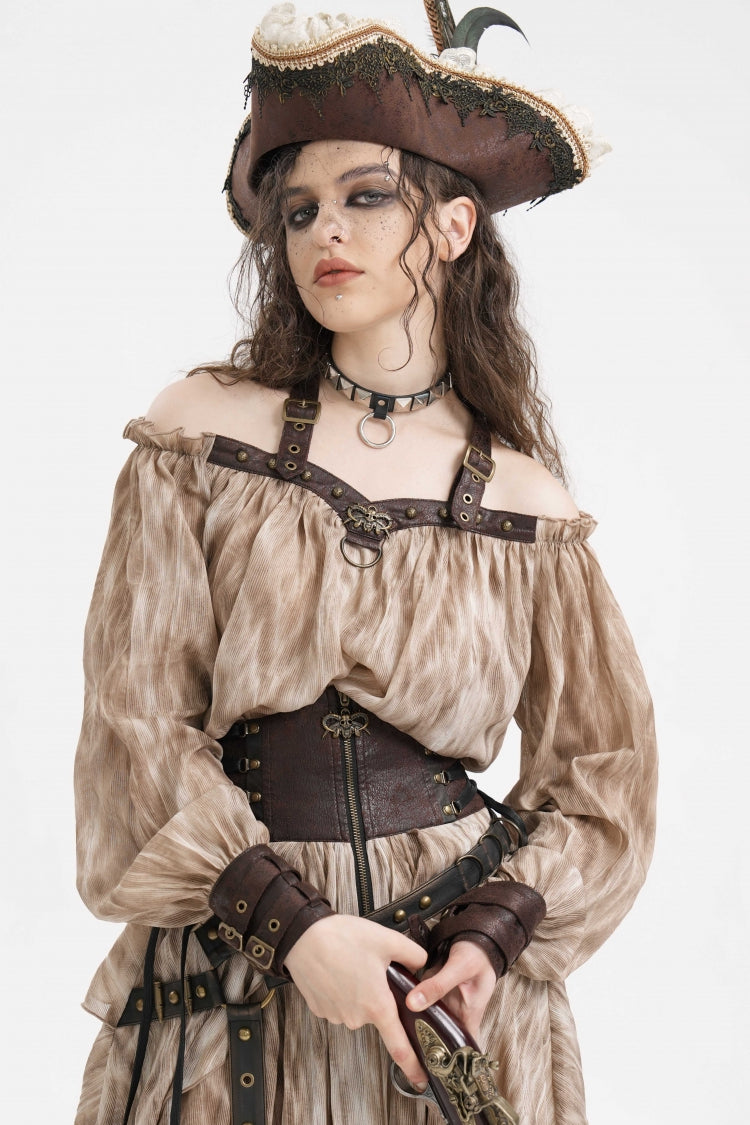 Apricot Buckle-up Halterneck Long Sleeves Women's Gothic Blouse