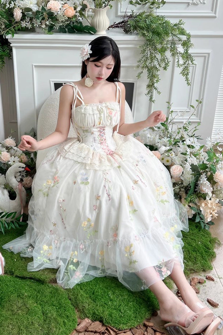 Off White Spring Bouquets Romantic Ruffle Embroidery Bowknot Mesh Sweet Lolita Jsk Dress