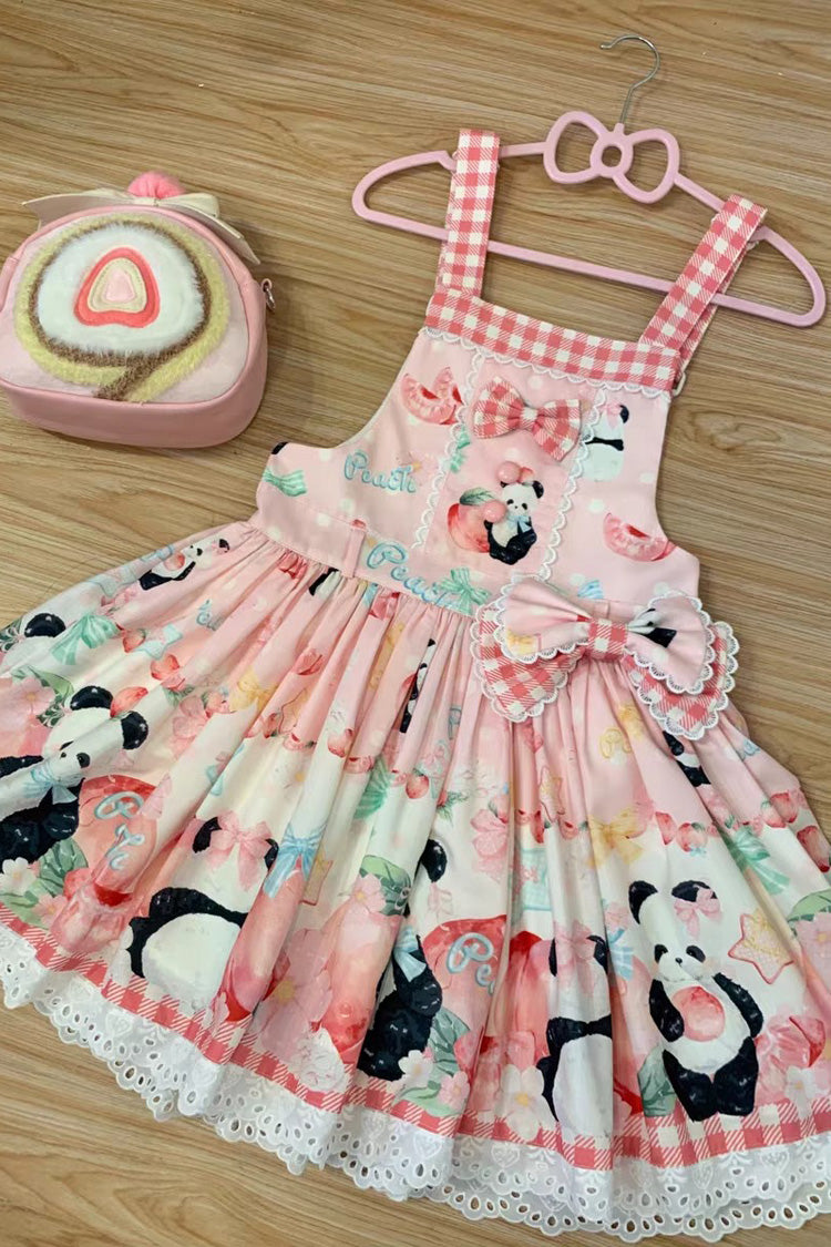 Panda Peach Print Bowknot Sweet Lolita Strap Dress 3 Colors