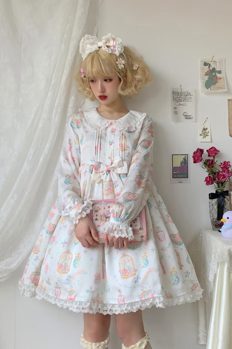 White/Apricot Long Sleeves Print Bowknot Lace Sweet Plus Size Lolita Dress