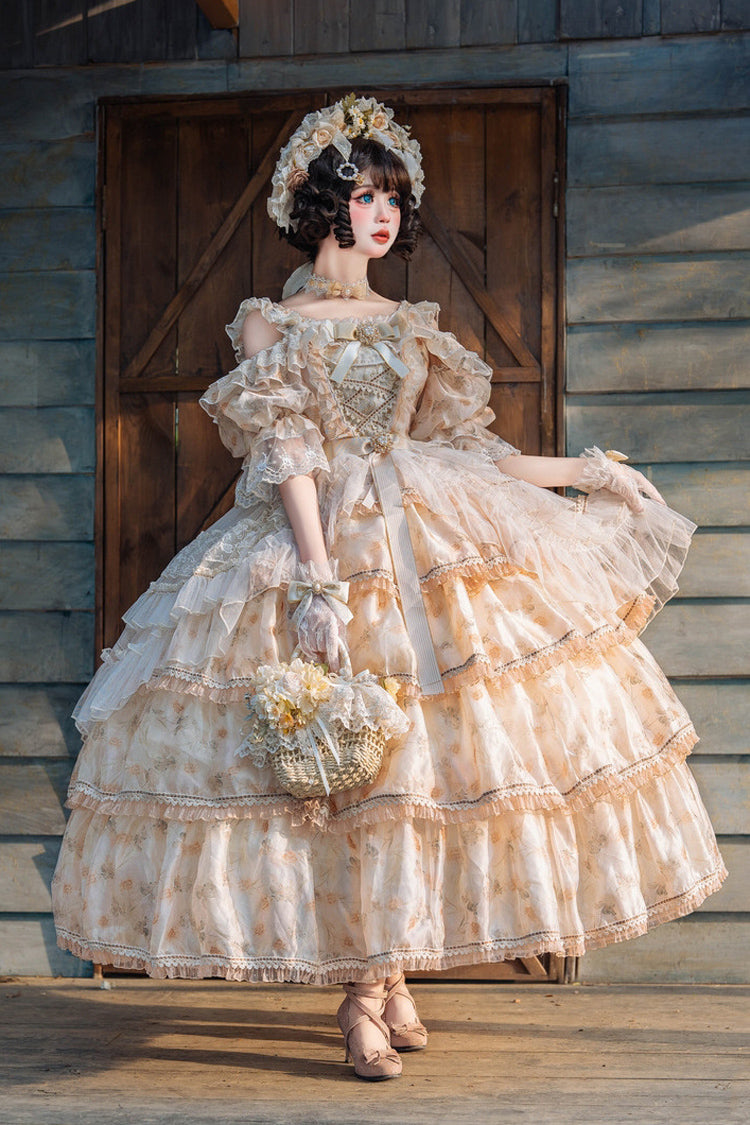 Yellow [Rose Letter] Off Shoulder Triple-Layered Print Ruffle Hanayome Sweet Princess Lolita Dress