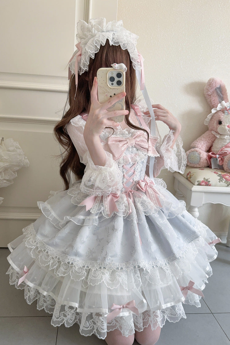 Robe Jsk Lolita Ballet Douce Slim en Dentelle à Nœud à Volants Sans Manches [Île Fleishi Bleue] 