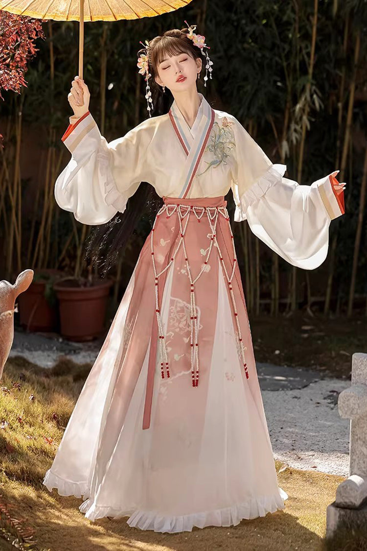 [Muguet] Manches longues Style Wei-Jin Ombre Imprimé À Volants Brodé Style Chinois Classique Hanfu Robe Ensemble 3 Couleurs