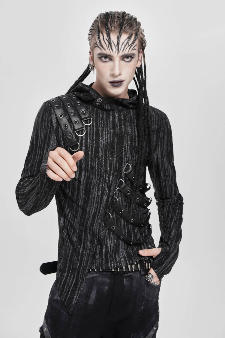 Black Long Sleeves Irregular Hooded Straps Eyelet Men's Punk Blouse