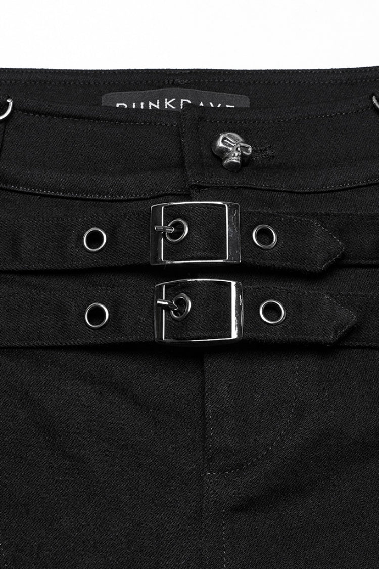 Black Women's Punk Studded Distressed Shorts with Detachable Kilt