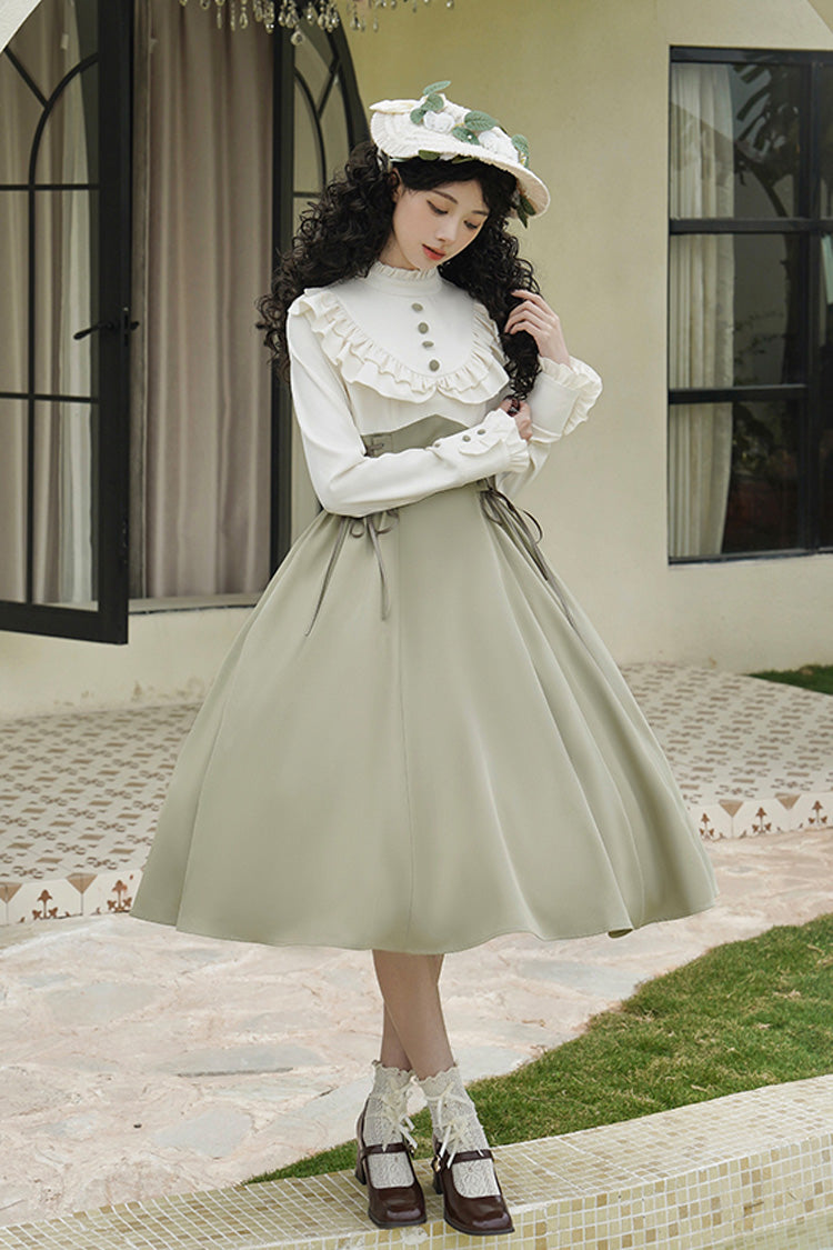White/Green [Wind Garden] Stand Collar Ruffle Lace-Up Color Matching Fake Two Pieces Classic Vintage Lolita Dress