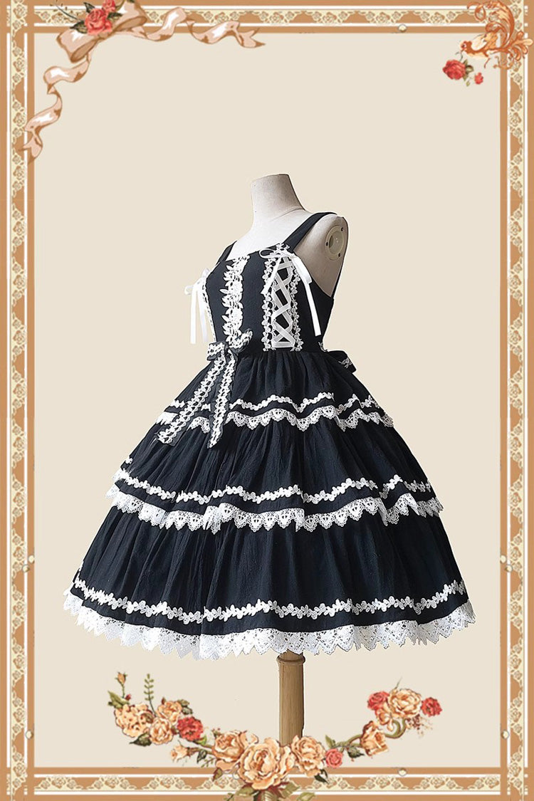 Black/White Three-section Cake Sleeveless Ribbon Sweet Lolita Tiered Dress