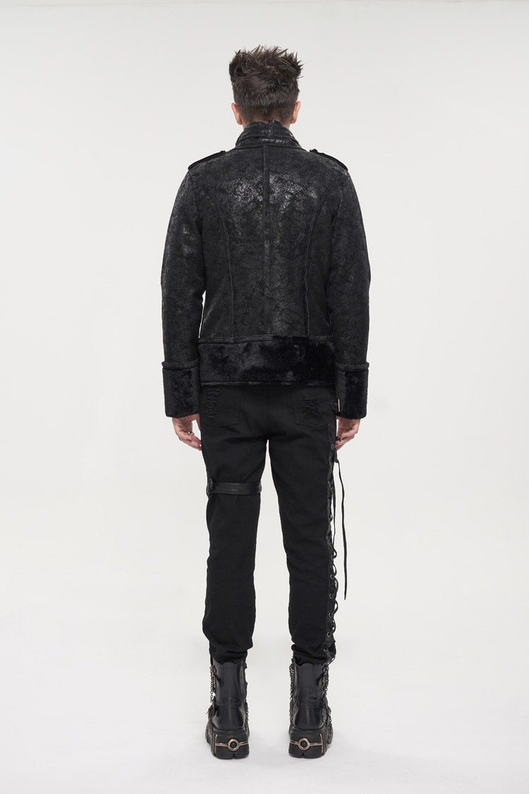 Black Five Pointed Star Decoration Retro Suede Short Plush Men's Punk Coat