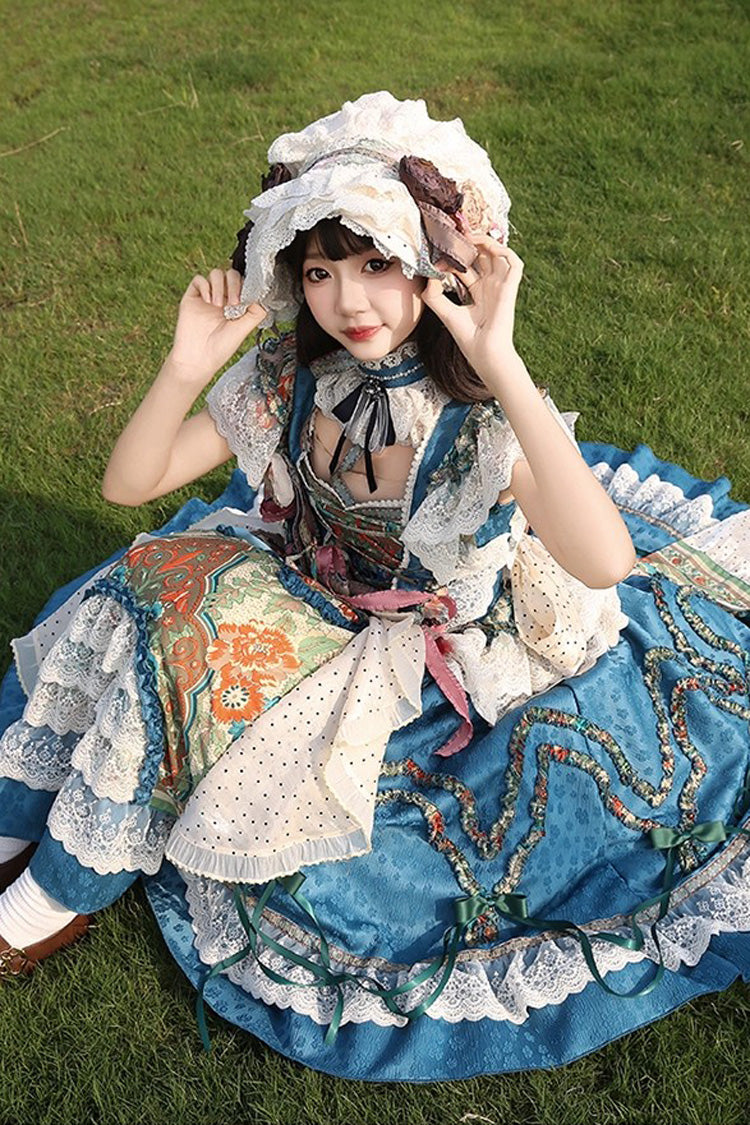 Blue [Lake Monet] Sleeveless High Waisted Print Ruffle Cardigan Bowknot Lace-Up Classic Vintage Elegant Princess Lolita Jsk Dress
