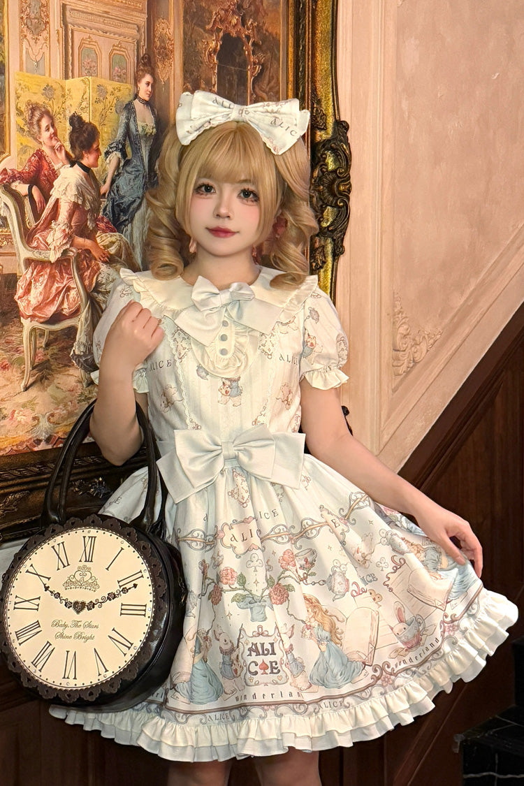 Light Blue [The Princess's Magical Diary] Printed Short Sleeves Ruffled Bow Sweet Princess Lolita Dress