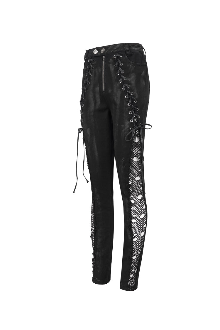 Black Stretch Twill Paneled Mesh Perforated Women's Punk Trousers