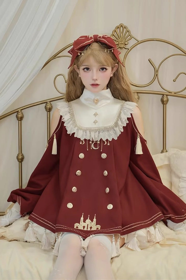 Rotes [Sternenklare Nacht] Langarm Rüschenstickerei Süßes Prinzessin Lolita Kleid Komplettset 