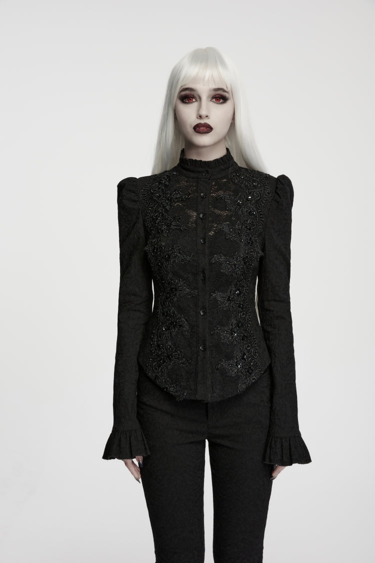 Black Stand Collar Long Sleeves Jacquard Ruffled Lace-Up Slim Fit Women's Gothic Luxurious Royal Blouse