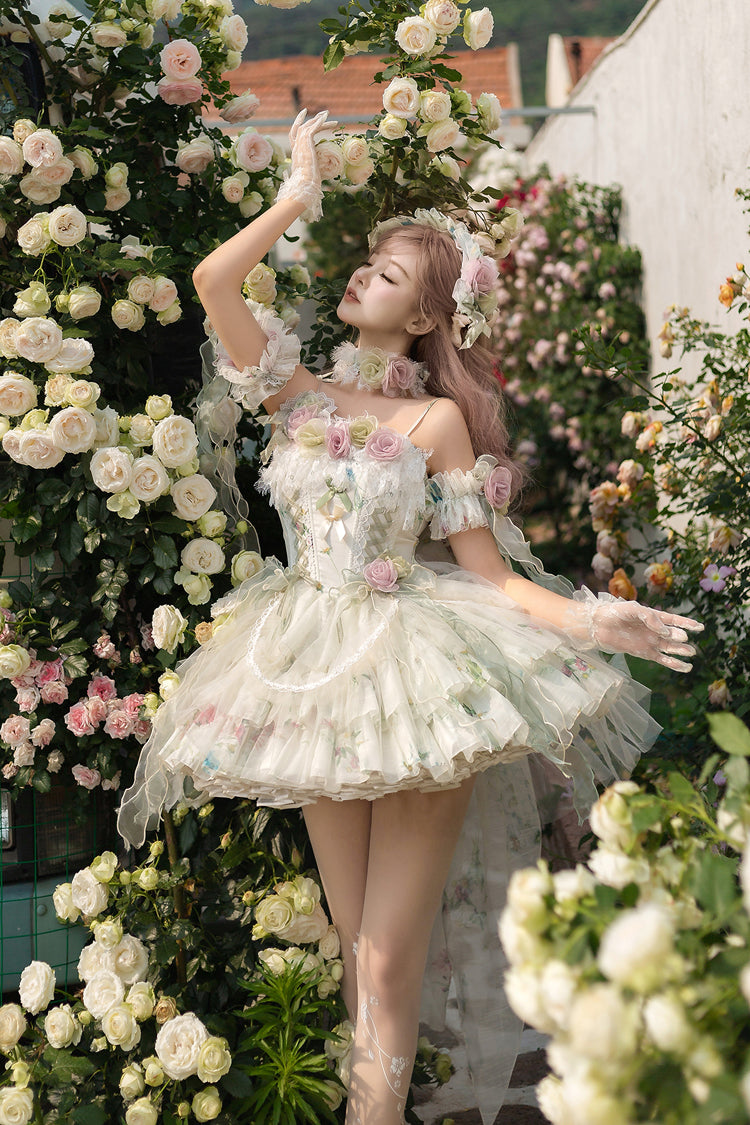 Green [Spring Rose] Sleeveless Multi-Layered Bowknot Lace-Up Fishbone Sweet Lolita Jsk Dress