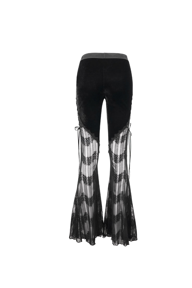 Black Striped Panel Semi Sheer Lace Up Long Women's Gothic Pants