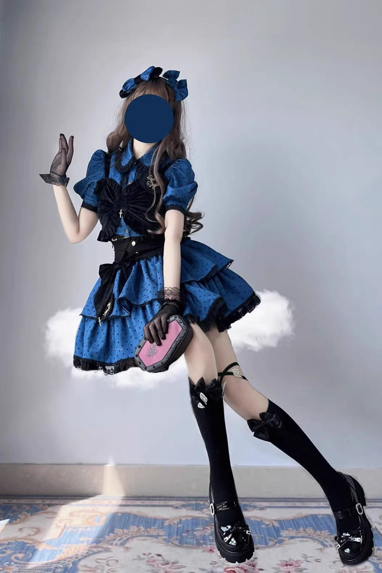 Blue/Black Multi-Layer Polka Dot Print Bowknot Princess Sweet Lolita Skirt Set