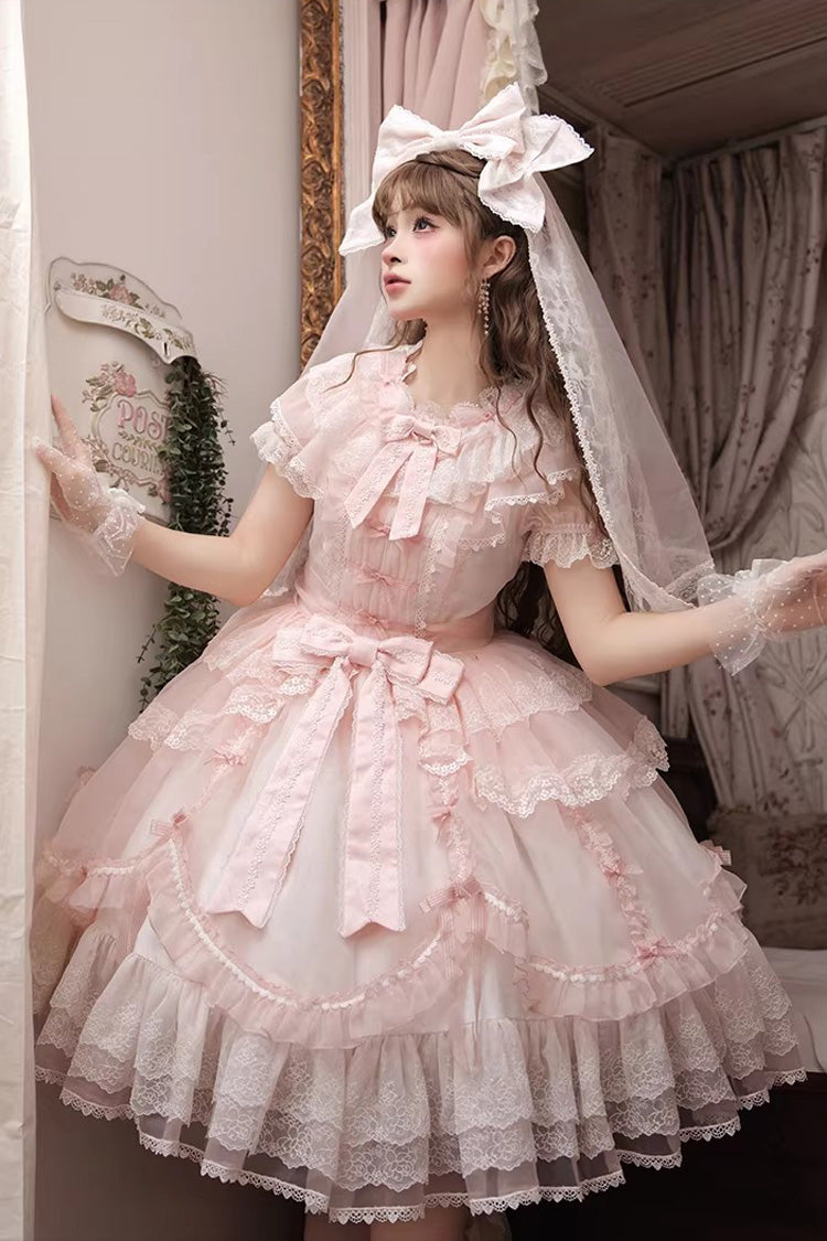 ピンク【キャンディー風味】ラウンドカラー半袖フリルリボンレーススイートゴージャスロリータOPドレス