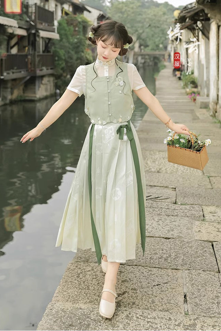 Green Round Collar Short Sleeves Embroidered Pearl Buttons Sweet Hanfu Dress Full Set