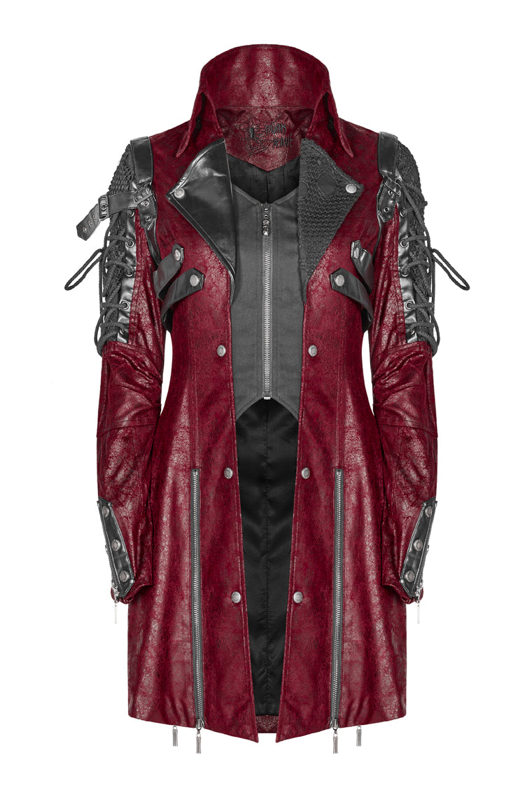 Red Metal Buckle Decoration Zipper Womens Steampunk Windbreaker Coat