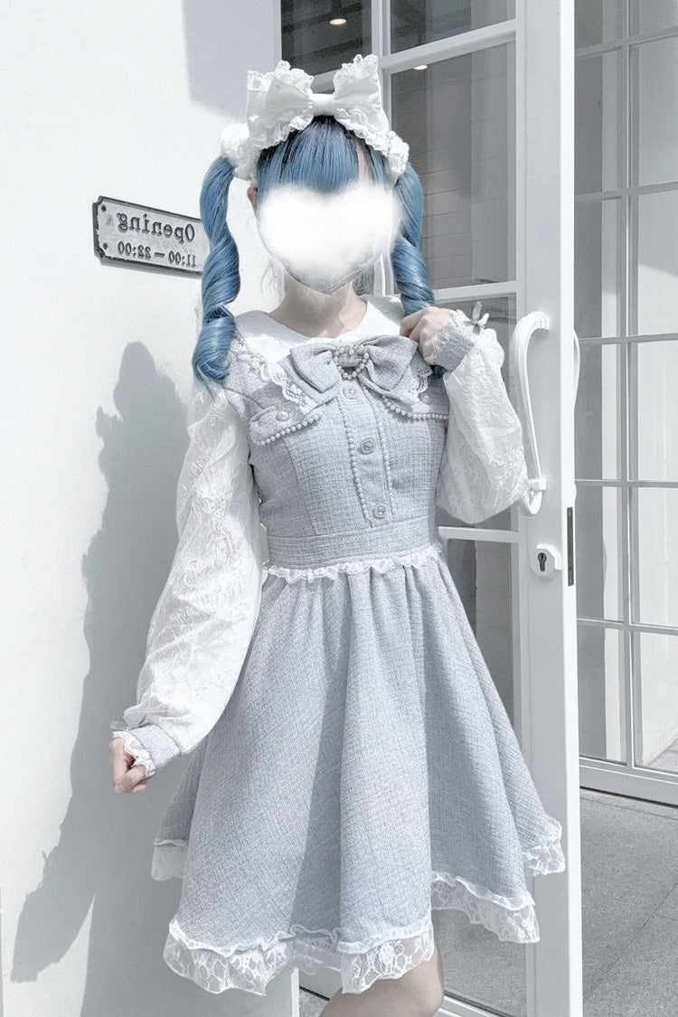 Grey Long Sleeves Bowknot Lace Pearl Sweet Jirai Kei Dress