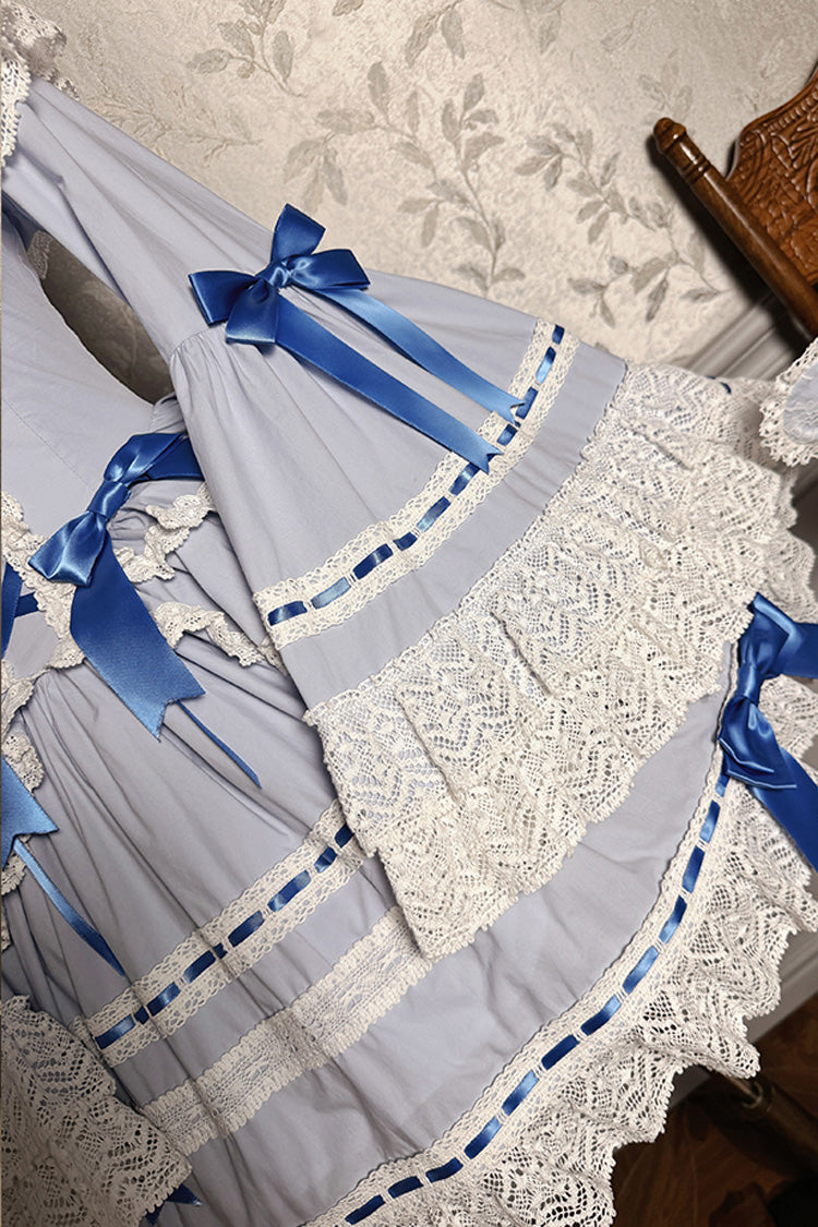 Blue/White [Rabbit Sleeping Doll] Long Trumpet Sleeves Ruffle Bowknot Lace Sweet Lolita Dress