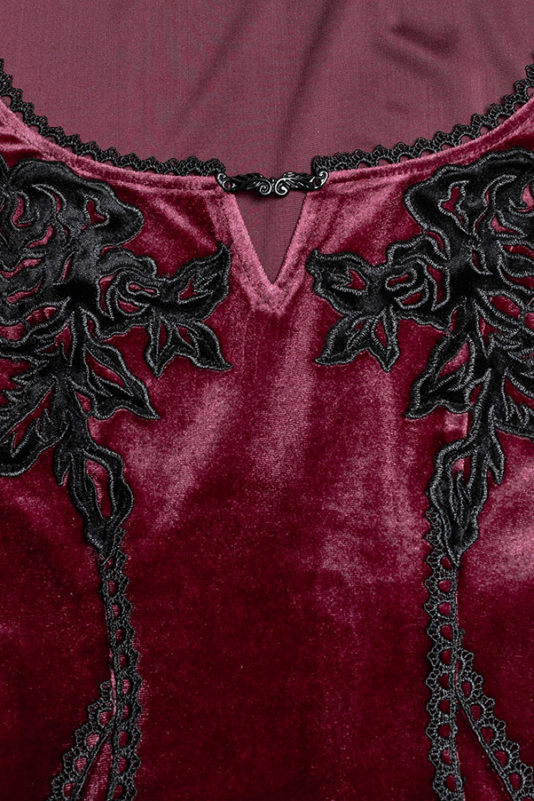 Red Long Sleeves Floral Embroidery Stitching Lace Women's Gothic Gown Dress