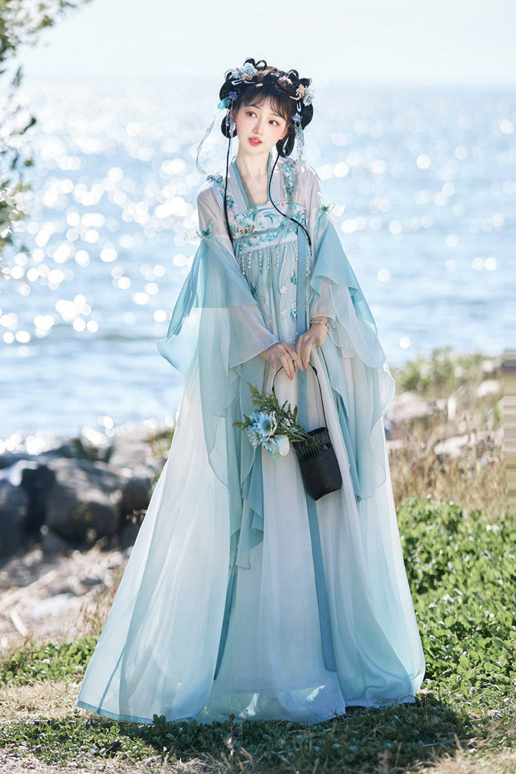 블루 [블루 오션] 하이 웨이스트 자수 레이스 여성 달콤한 Hanfu 드레스 풀 세트